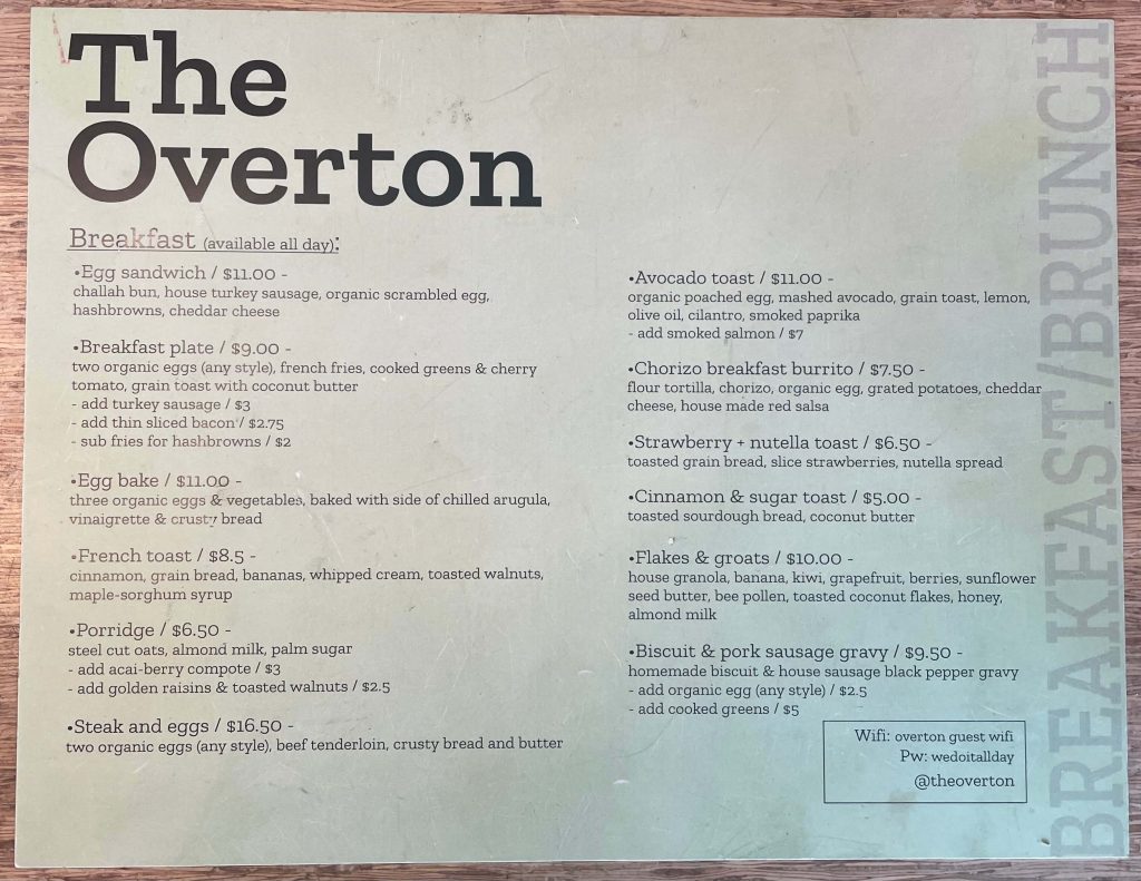The Overton Sarasota Menu