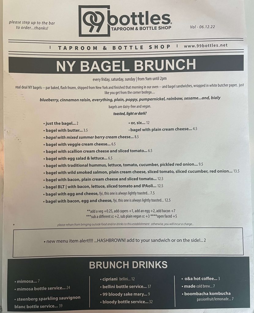 99 Bottles Bagel Brunch Menu